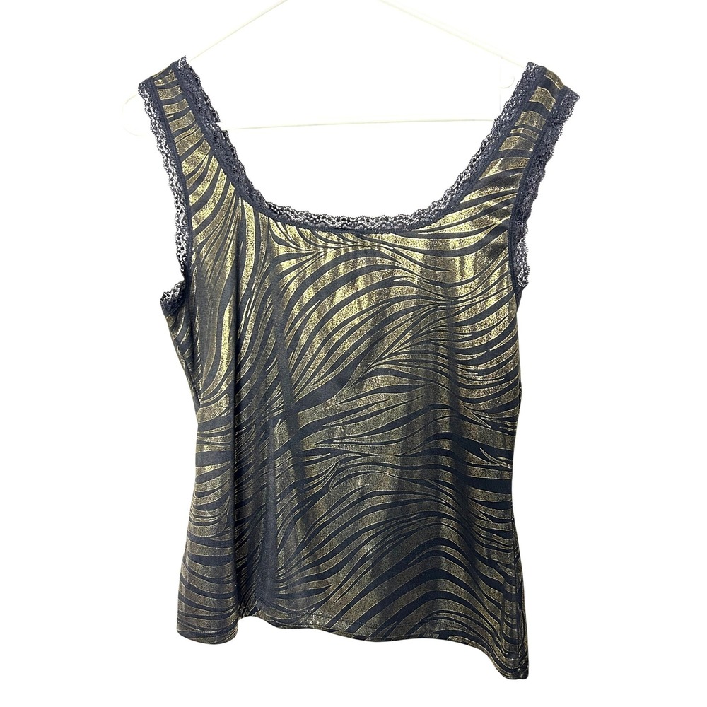 Y2k Hanky Panky Cami L Black Gold Zebra Print Lace Trim sexy dark fem lingerie